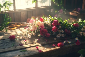 Freshly cut flowers arranged beautifully on a rustic table in a sunlit room filled with greenery