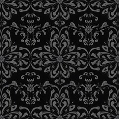 Fototapeta premium Elegant Damask Pattern in Black and Silver: Seamless, intricate floral design in a classic damask style, featuring a repeating pattern of ornate silver scrolls and flowers against a black background.