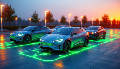 Obraz premium Modern Parking Lot with EVs Wirelessly Charging: Green Energy