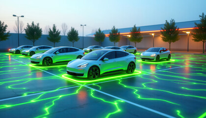 Fototapeta premium Modern Parking Lot with EVs Wirelessly Charging: Green Energy