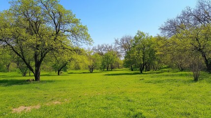 Obraz premium Lush Green Meadow with Trees Under Clear Blue Sky in Spring Season
