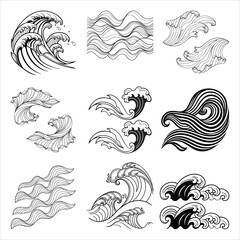 Abstract ocean waves black and white line art set.