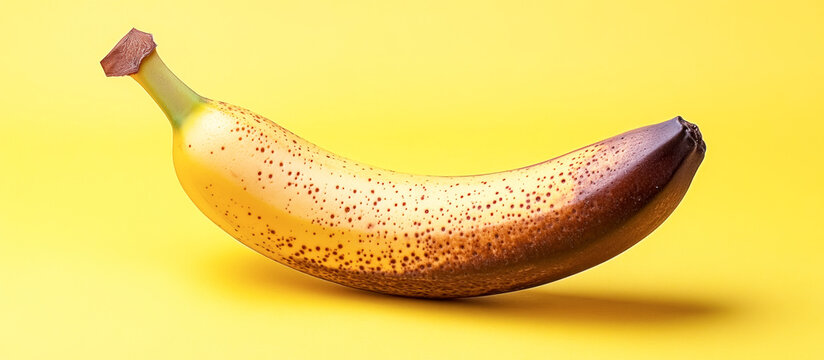 Exploration of a ripe banana rests gracefully on a seamless yellow backdrop, showcasing the beauty of nature through food styling and hyperrealism in studio lighting