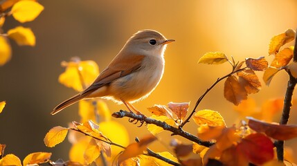 Obraz premium Small bird perched on autumn branch, backlit by golden sunlight.