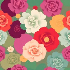 Colorful Floral Pattern: A vibrant and cheerful seamless pattern featuring a kaleidoscope of roses in various shades, blossoming on a lush green background.