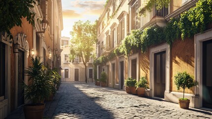 Fototapeta premium Tranquil European Street at Sunset with Charming Architecture, Lush Greenery, and Cobblestone Pathway Inviting Strolls Through Picturesque Neighborhood