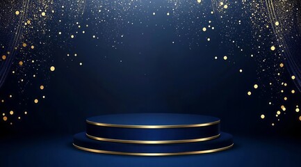 Elegant Blue Podium with Golden Accents and Shimmering Lights