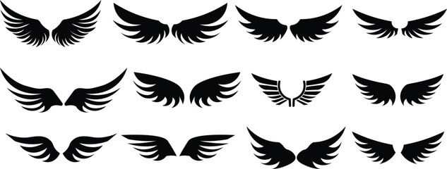 Naklejka premium Black wings silhouette vector set. The wings set is ideal for logo, emblem, badge design. vector eps10