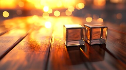 Cleanly designed cubes on a polished wooden table flipping from 2024 to 2025, with a warm sunset backdrop