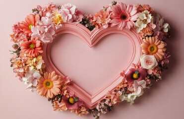 Colorful floral heart arrangement on a soft pink background with vibrant blooms