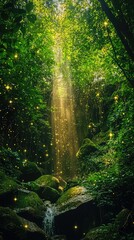 Obraz premium Enchanted Forest with Sunlight Streaming Through Trees, Sparkling Particles, and a Tranquil Waterfall Surrounded by Lush Greenery and Mossy Stones