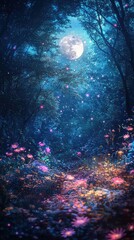 Enchanted Moonlit Forest with Colorful Flowers and Ethereal Light Particles Creating a Dreamlike Atmosphere in a Serene Natural Setting