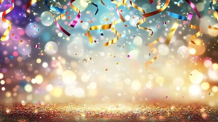 Celebration background featuring multicolored glitter trails, glowing highlights, and shimmering confetti