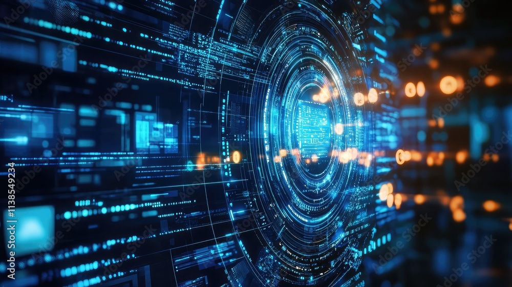 Poster digital technology abstract design with glowing blue waves and futuristic elements