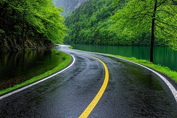 Fototapeta premium Scenic curved road by a calm lake surrounded by lush greenery nature photography serene atmosphere aerial view