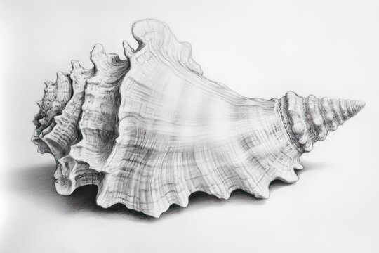 Detailed pencil sketch of a conch shell on white background.