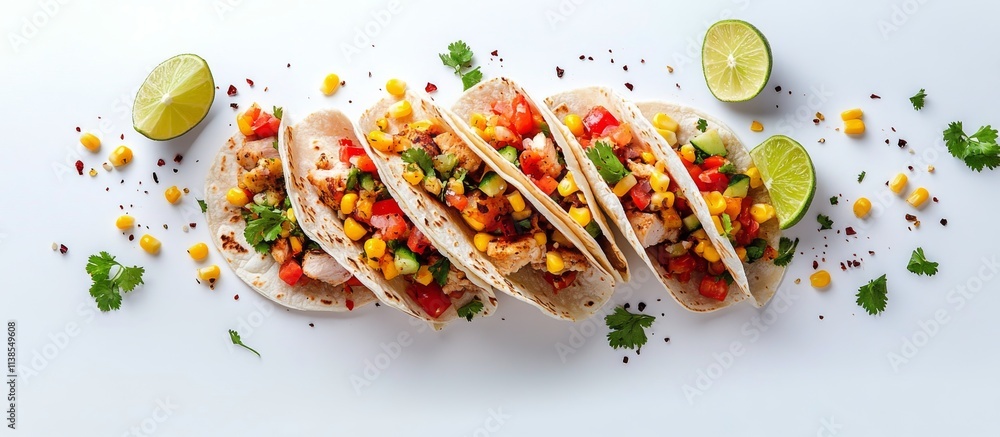 Sticker Delicious tacos filled with grilled fish, corn, and fresh vegetables served with lime