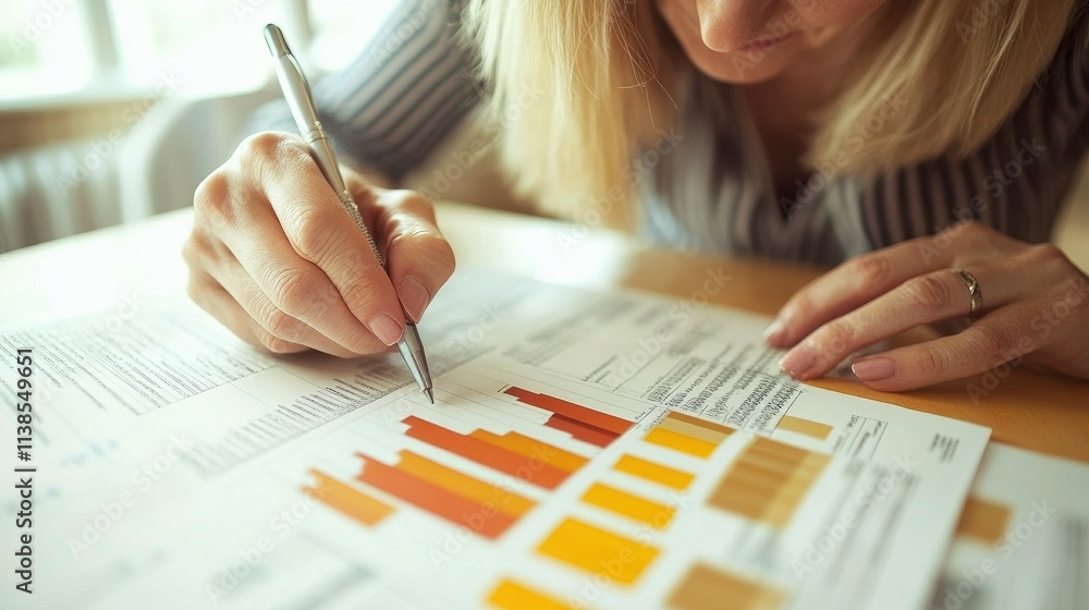 Poster a person concentrates on writing notes and analyzing financial charts and graphs on a desk, with war
