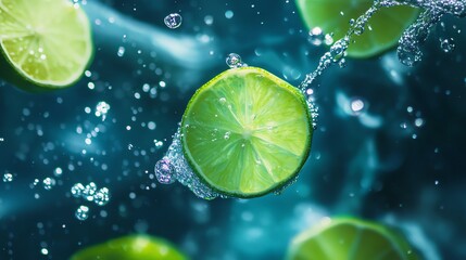 Fresh lime slice splashing in water