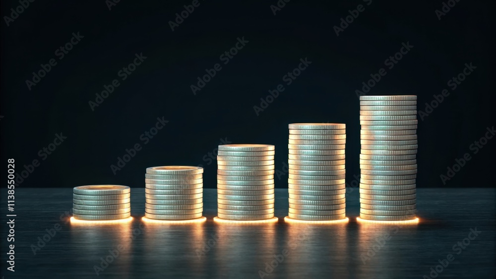 Aufkleber five increasing stacks of coins illuminated from below, creating a visual representation of growing 