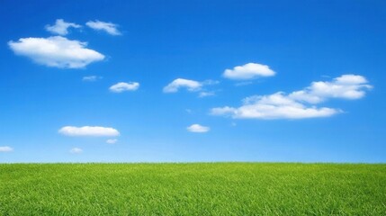 Obraz premium Vibrant Green Field Under Bright Blue Sky with White Fluffy Clouds
