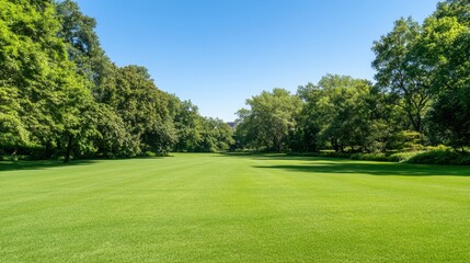 Fototapeta premium Lush Green Lawn Surrounded by Trees on a Bright Sunny Day in Nature Park