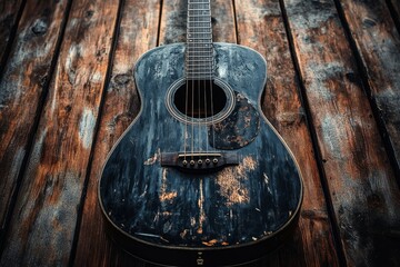 Fototapeta premium Vintage acoustic guitar resting on a rustic wooden surface
