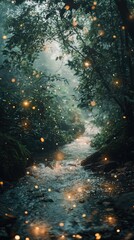 Serene Forest Stream Surrounded by Lush Greenery and Ethereal Light Particles in a Mystical Environment