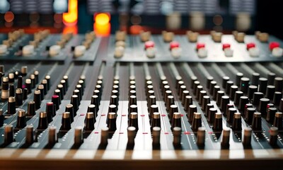 Close-up of an audio mixer with knobs and faders in a studio.