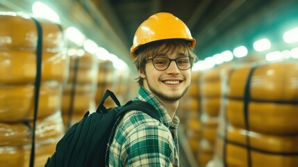 A young man wearing a hard hat and glasses stands in a warehouse filled with stacks of cheese. He smiles as he engages in his daily tasks amidst the organized chaos
