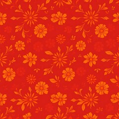 Crimson Floral Fiesta: A vibrant seamless pattern featuring stylized orange flowers and leaves on a rich red background. Perfect for textiles, wallpapers, and festive designs. 