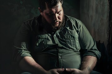 Thoughtful man with beard in dark room reflecting on life, showcasing emotions, solitude, and contemplation captured in natural light for a poignant atmosphere
