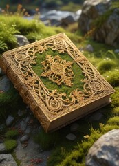 A delicate filigree adorned golden book resting on a moss-covered stone, sacred, mystical, book