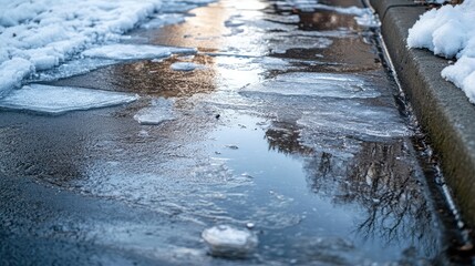Frozen sidewalk thawing during wintertime in a bustling city