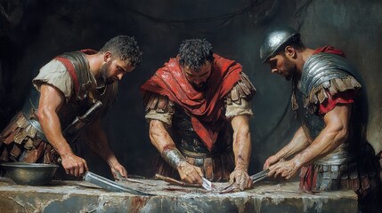 Three Roman Soldiers Engaged in Butchering Process with Sharp Knives, Historical Scene Depicting Ancient Practices and Cultural Traditions in a Dimly Lit Setting