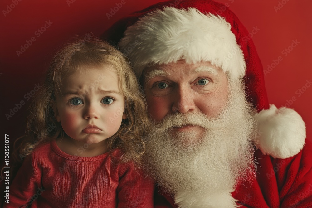 Wall mural Lively xmas, gorgeous toddler girl! copyspace. Isolated white toddler girl in santaâ€™s knee on red background. Cute christmas red family. Christmas design photo. Santa kid photo inspiration.