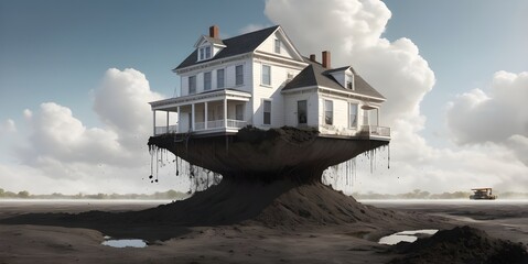 Pristine floating house above a polluted wasteland, symbolizing detachment and environmental contrast.