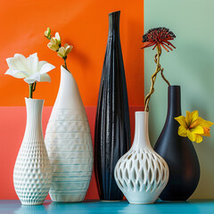 Assorted decorative vases on a colorful background interior details.