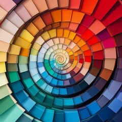 Fototapeta premium Colorful spiral display of paint swatches in a vibrant array at a design studio