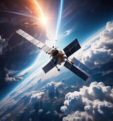 Fototapeta premium Aerial view of a satellite in orbit above the Earth's surface with clouds and atmosphere, cloud, planet