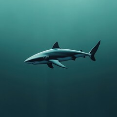 Obraz premium A dynamic illustration of a sleek shark swimming through the open ocean, with streamlined body motion and a minimalist water background