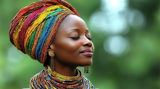 A woman adorned with colorful beaded jewelry and a head wrap closes her eyes, embracing tranquility in a lush green outdoor setting. Sunlight softly illuminates her features