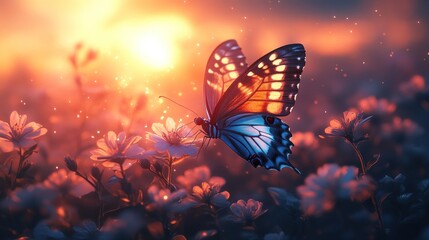 A vibrant butterfly rests on flowers during a sunset, creating a serene and enchanting scene.