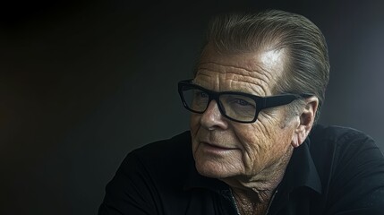 Obraz premium A distinguished elderly man sits confidently, wearing glasses and a black shirt, showcasing a thoughtful expression in soft, moody lighting that highlights his features