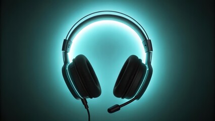 Modern wireless gaming headphones with a microphone and turquoise backlight forming a halo effect, representing the immersive world of online gaming and esports