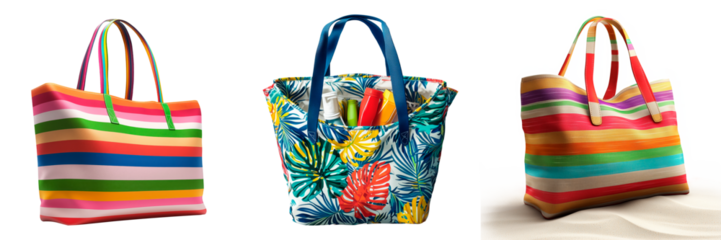 A set of colorful tropical beach bag with palm leaf pattern filled with summer essentials like sunscreen and bottles.