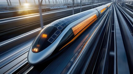 Fototapeta premium A high-speed train moving quickly on solar-powered tracks, with the sun shining brightly and solar panels on the train roof providing renewable energy