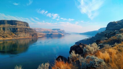 Washington Nature. Panoramic View of Columbia River Crest in Blue Sky