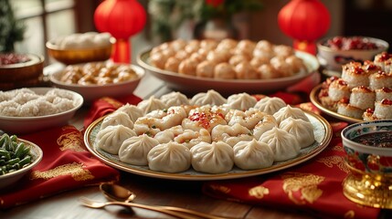 Fototapeta premium Delicious variety of dumplings served on a festive table during a traditional celebration