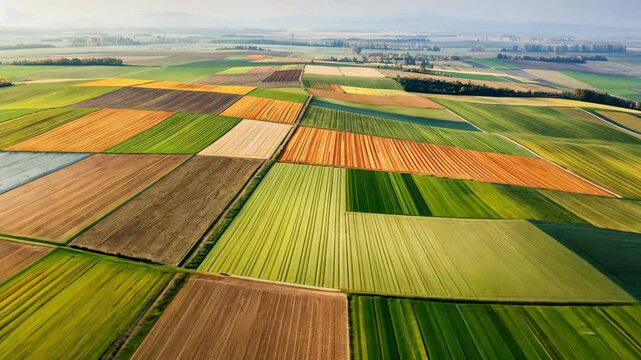 Aerial View of Colorful Autumn Fields Showcasing Agricultural Patterns
